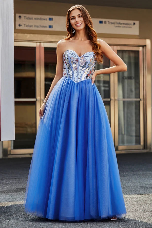 Royal Blue A-Line Sweetheart Broken Mirrors Strapless Corset Long Prom Dress simple gentle atmospheric and unique desig