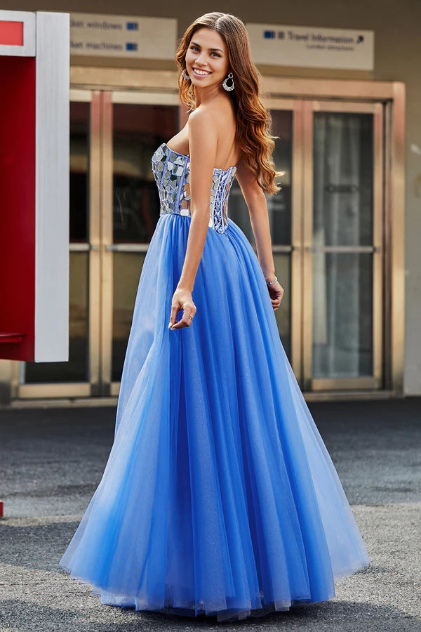 Royal Blue A-Line Sweetheart Broken Mirrors Strapless Corset Long Prom Dress simple gentle atmospheric and unique desig
