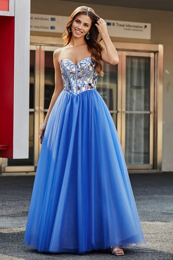 Royal Blue A-Line Sweetheart Broken Mirrors Strapless Corset Long Prom Dress simple gentle atmospheric and unique desig