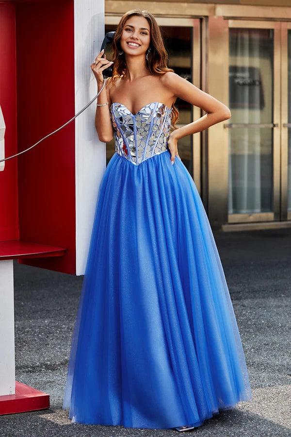 Royal Blue A-Line Sweetheart Broken Mirrors Strapless Corset Long Prom Dress simple gentle atmospheric and unique desig