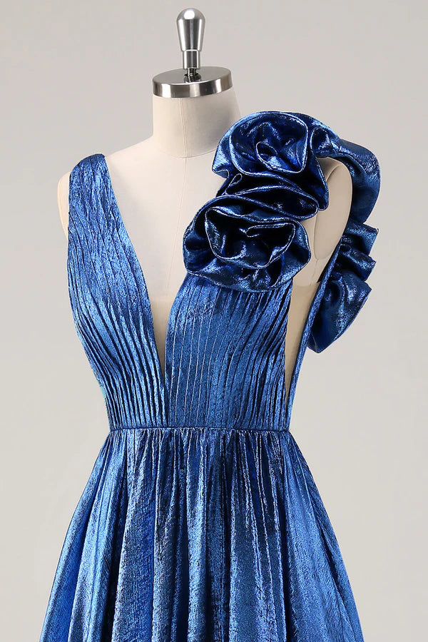 Royal Blue A Line Deep V-Neck Metallic Prom Dress with Floral Shoulder Detail simple gentle atmospheric and unique desi