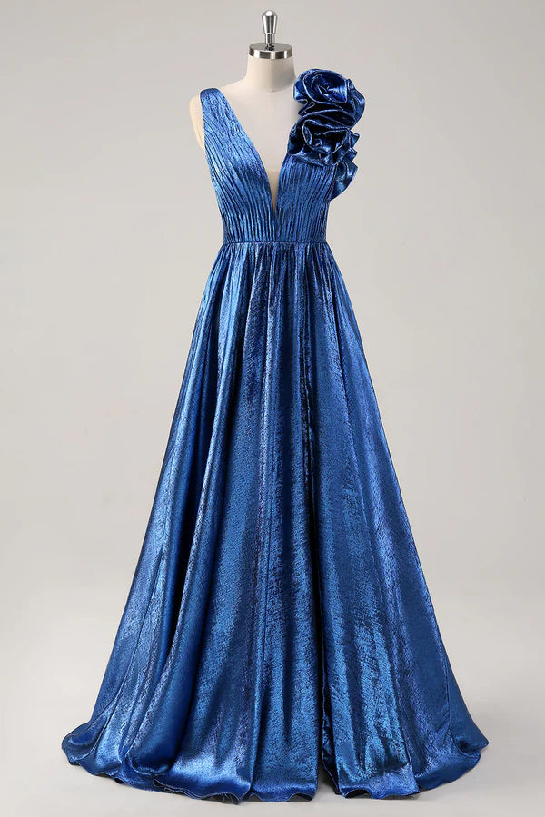 Royal Blue A Line Deep V-Neck Metallic Prom Dress with Floral Shoulder Detail simple gentle atmospheric and unique desi