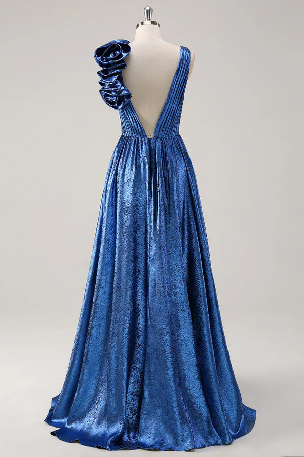 Royal Blue A Line Deep V-Neck Metallic Prom Dress with Floral Shoulder Detail simple gentle atmospheric and unique desi