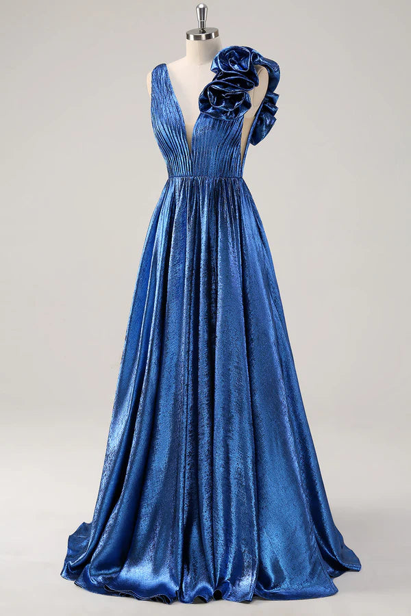 Royal Blue A Line Deep V-Neck Metallic Prom Dress with Floral Shoulder Detail simple gentle atmospheric and unique desi