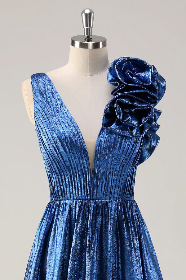 Royal Blue A Line Deep V-Neck Metallic Prom Dress with Floral Shoulder Detail simple gentle atmospheric and unique desi