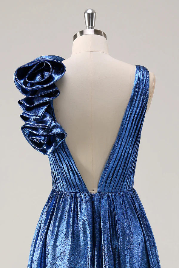 Royal Blue A Line Deep V-Neck Metallic Prom Dress with Floral Shoulder Detail simple gentle atmospheric and unique desi