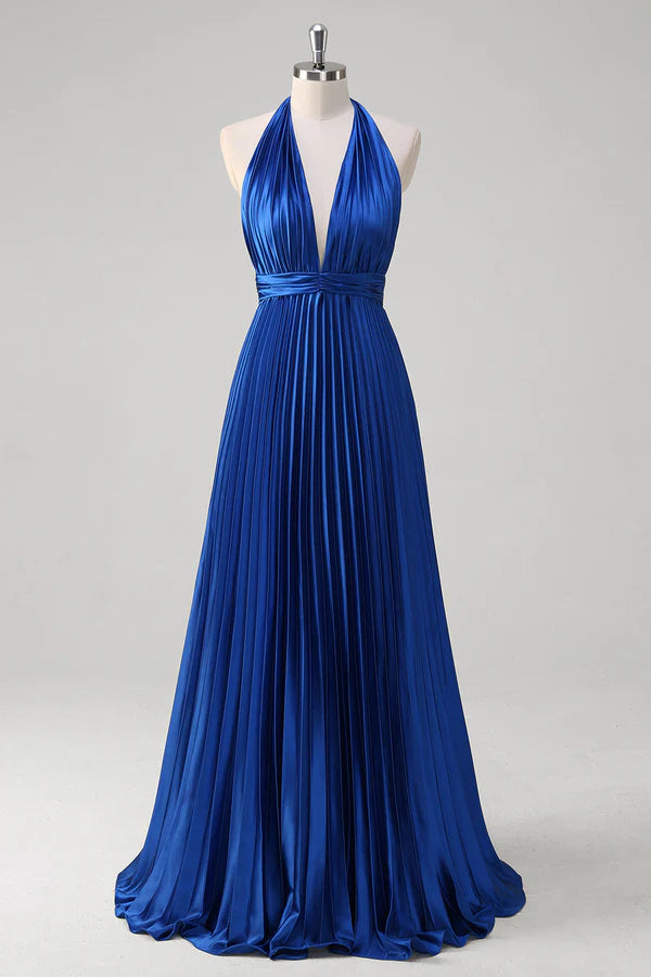 Royal Blue A Line Halter Pleated Long Prom Dress simple gentle atmospheric and unique desi