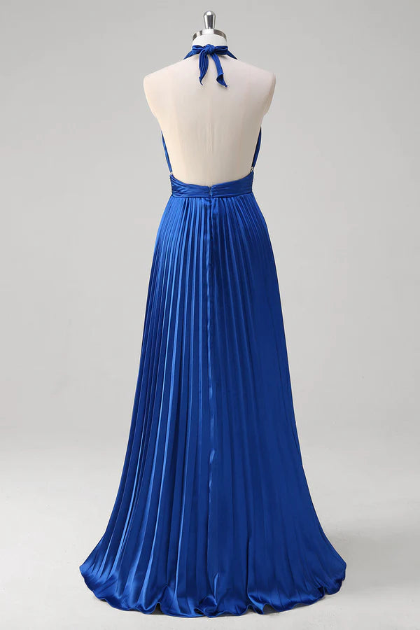 Royal Blue A Line Halter Pleated Long Prom Dress simple gentle atmospheric and unique desi
