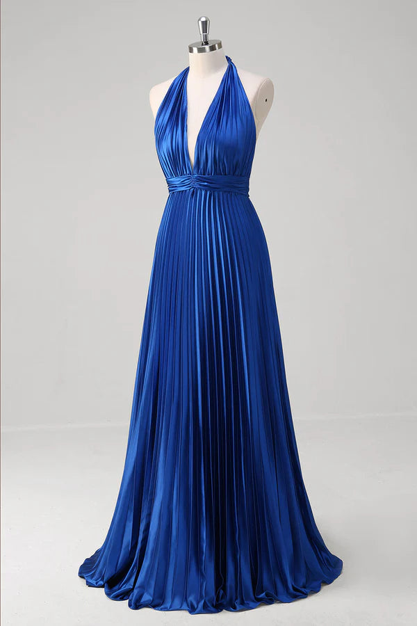 Royal Blue A Line Halter Pleated Long Prom Dress simple gentle atmospheric and unique desi