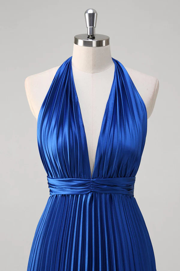 Royal Blue A Line Halter Pleated Long Prom Dress simple gentle atmospheric and unique desi