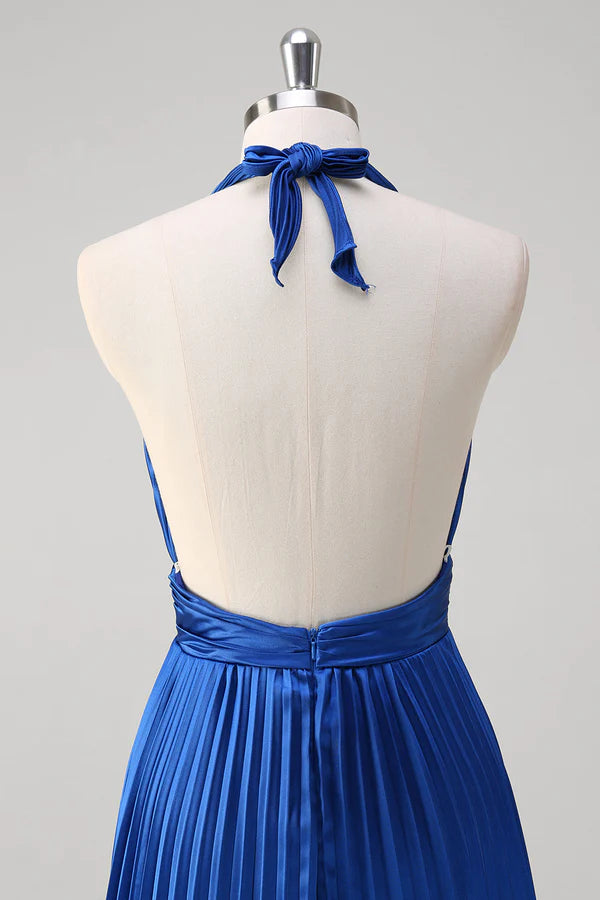 Royal Blue A Line Halter Pleated Long Prom Dress simple gentle atmospheric and unique desi