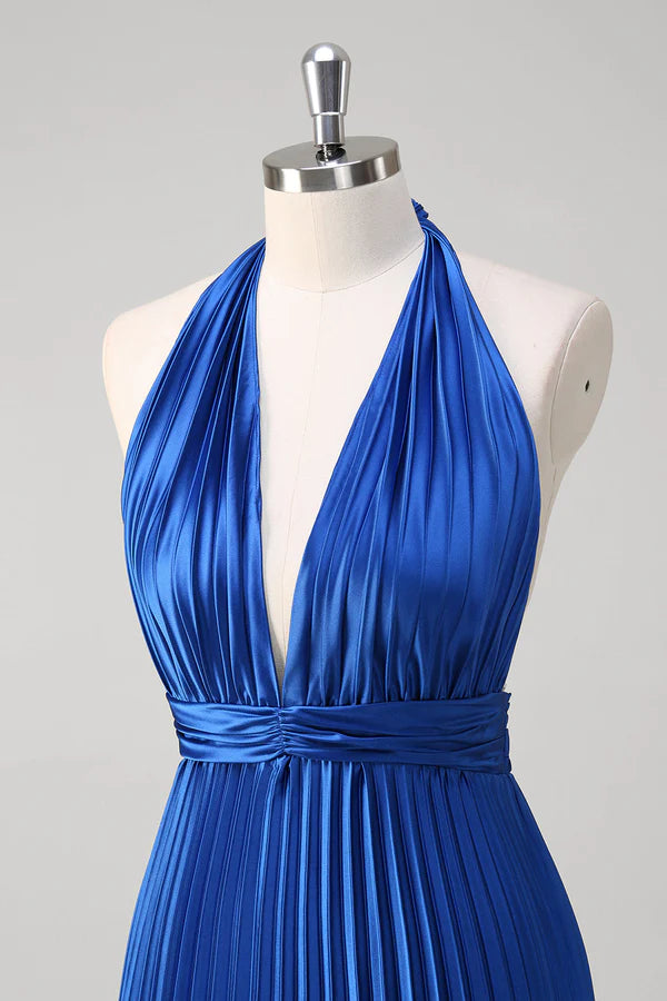 Royal Blue A Line Halter Pleated Long Prom Dress simple gentle atmospheric and unique desi