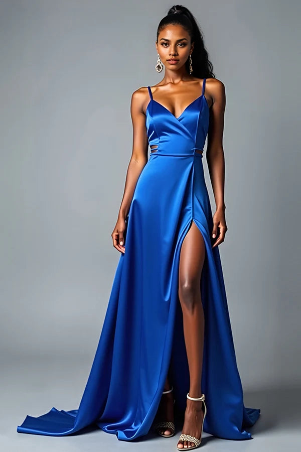 Royal Blue A Line Spaghetti Straps Long Satin Prom Dress simple gentle atmospheric and unique desi Bring summer colors to enhance whiteness