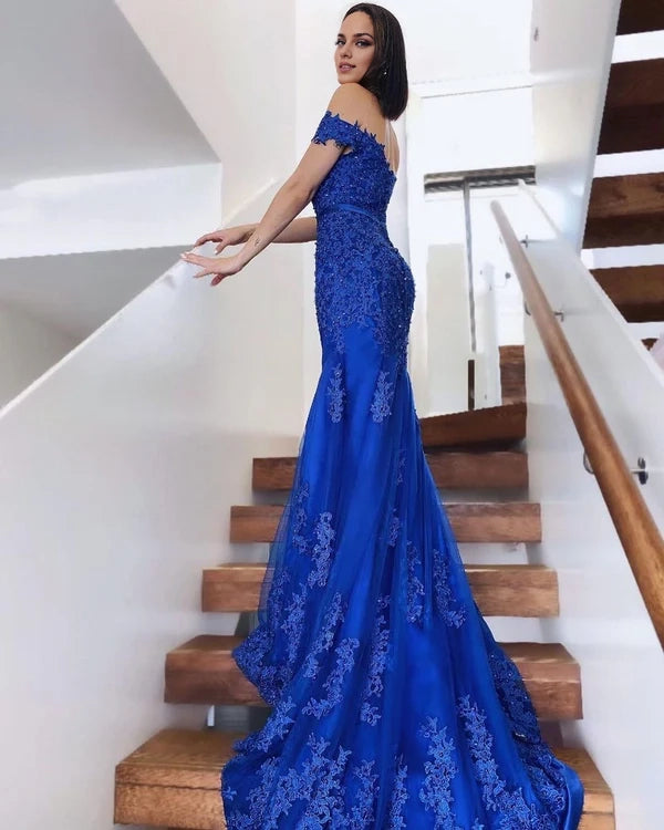 Royal Blue Lace Mermaid Prom Dress Long Off-the-Shoulder Simple gentle atmospheric and unique design