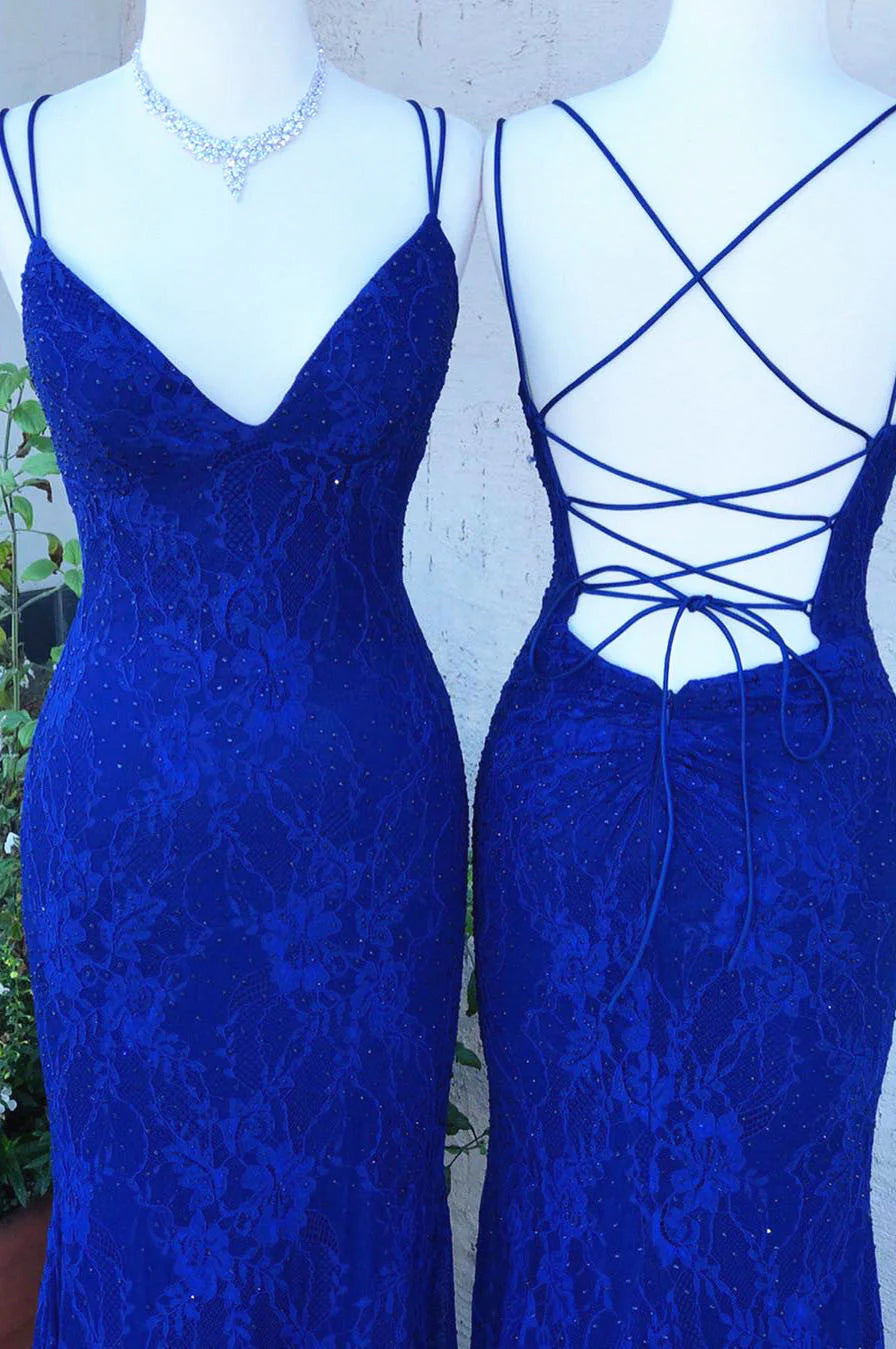 Royal Blue Lace Sheath Prom Dresses Long Open Back simple gentle atmospheric and unique desi Bring summer colors to enhance whiteness ﻿