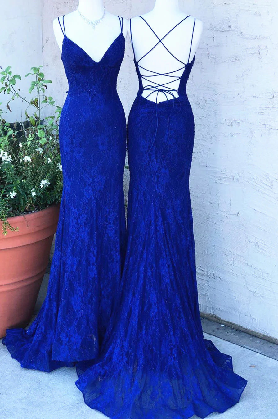 Royal Blue Lace Sheath Prom Dresses Long Open Back simple gentle atmospheric and unique desi Bring summer colors to enhance whiteness ﻿
