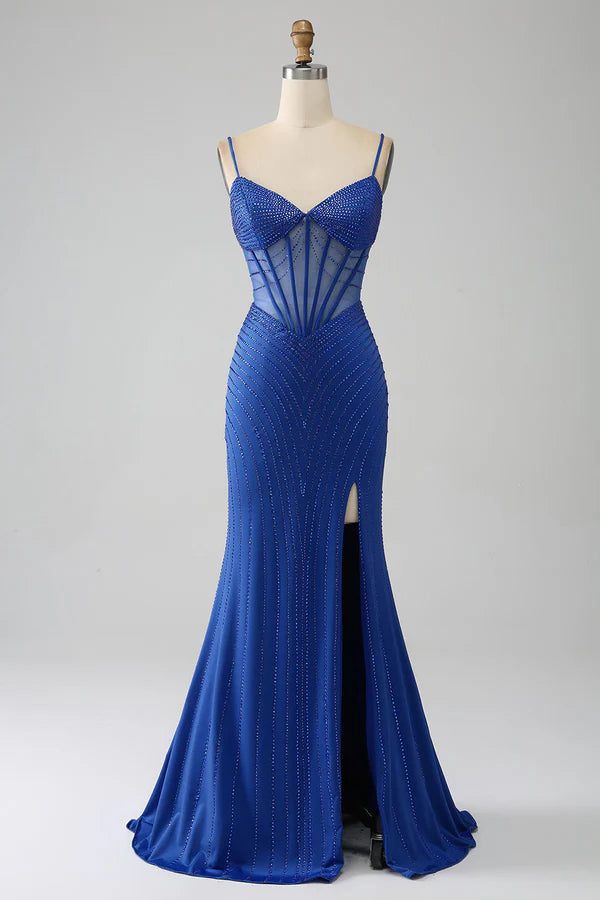 Royal Blue Mermaid Corset Prom Dress with Beading simple gentle atmospheric and unique desig