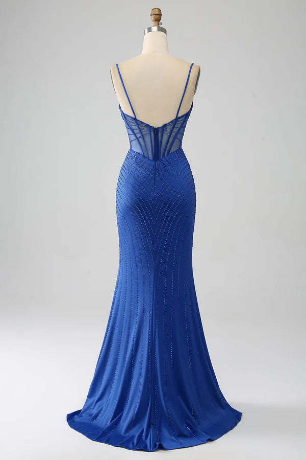 Royal Blue Mermaid Corset Prom Dress with Beading simple gentle atmospheric and unique desig