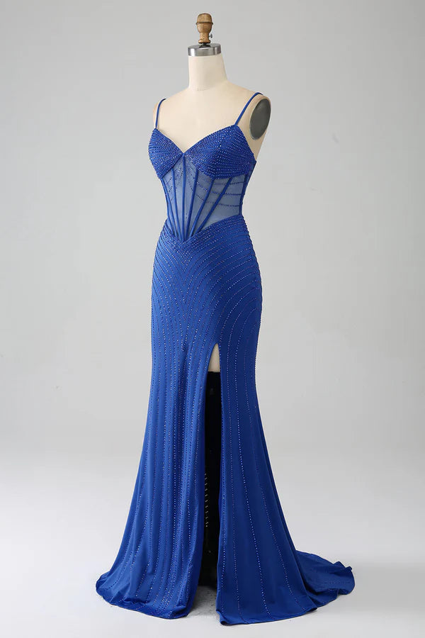 Royal Blue Mermaid Corset Prom Dress with Beading simple gentle atmospheric and unique desig