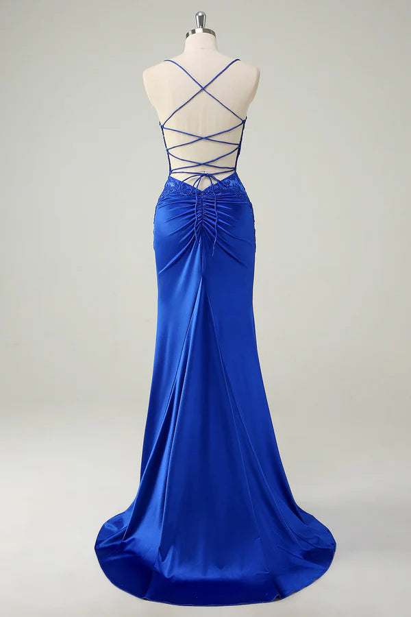 Royal Blue Mermaid Corset Spaghetti Straps Appliqued Long Prom Dress simple gentle atmospheric and unique desi