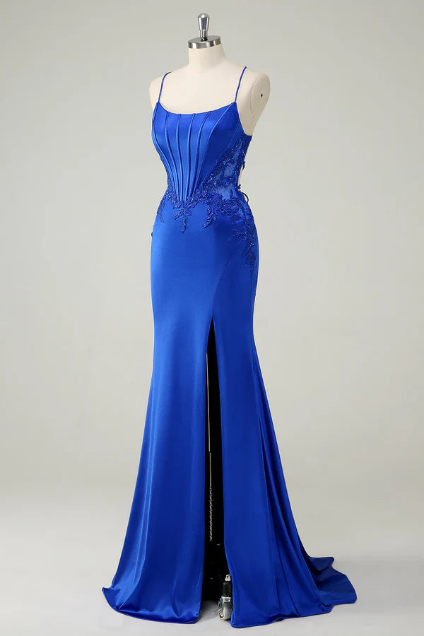 Royal Blue Mermaid Corset Spaghetti Straps Appliqued Long Prom Dress simple gentle atmospheric and unique desi