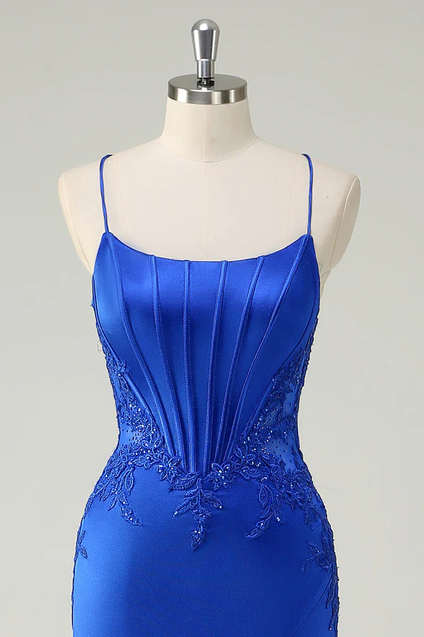 Royal Blue Mermaid Corset Spaghetti Straps Appliqued Long Prom Dress simple gentle atmospheric and unique desi