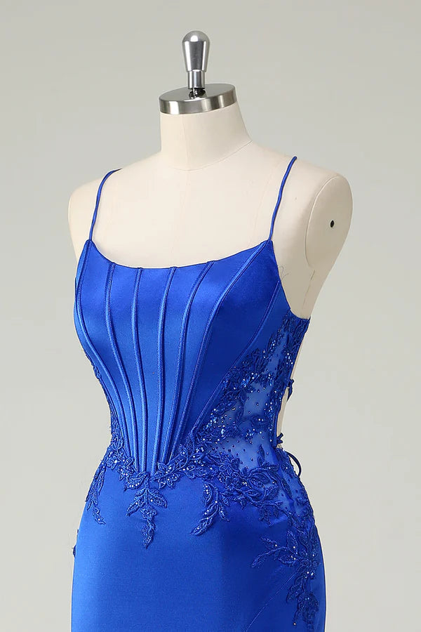 Royal Blue Mermaid Corset Spaghetti Straps Appliqued Long Prom Dress simple gentle atmospheric and unique desi