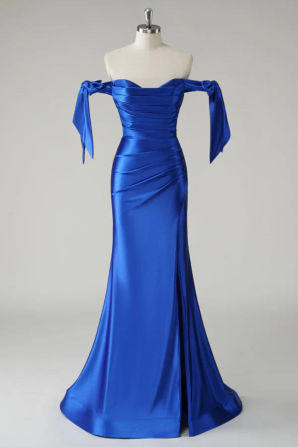 Royal Blue Mermaid Off the Shoulder Pleated Prom Dress simple gentle atmospheric and unique desi Bring summer colors to enhance whiteness