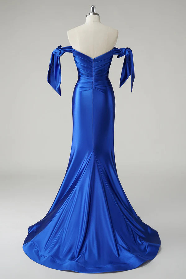 Royal Blue Mermaid Off the Shoulder Pleated Prom Dress simple gentle atmospheric and unique desi Bring summer colors to enhance whiteness