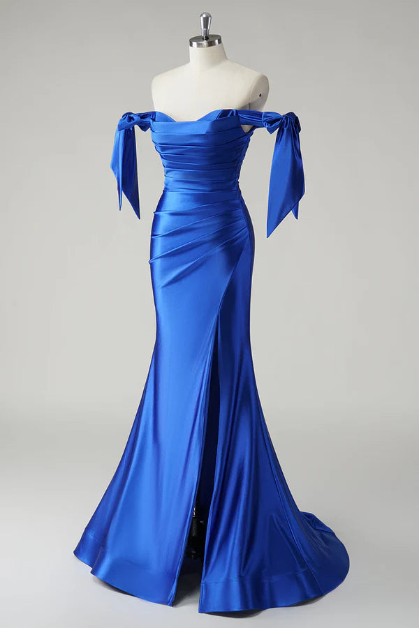Royal Blue Mermaid Off the Shoulder Pleated Prom Dress simple gentle atmospheric and unique desi Bring summer colors to enhance whiteness