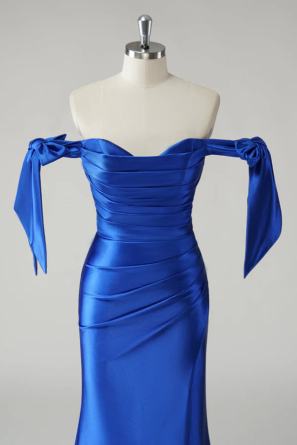 Royal Blue Mermaid Off the Shoulder Pleated Prom Dress simple gentle atmospheric and unique desi Bring summer colors to enhance whiteness