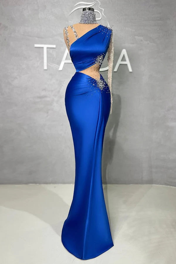 Royal Blue Mermaid Prom Dress Long Sleeves With Beads Simple gentle atmospheric and unique design  ﻿