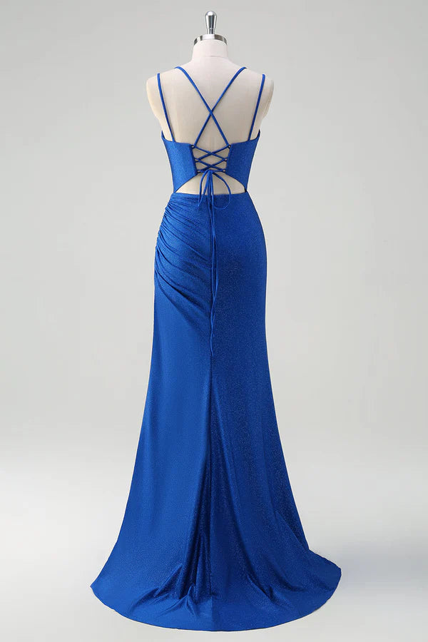 Royal Blue Mermaid Spaghetti Straps Corset Long Prom Dress With Slit simple gentle atmospheric and unique desi