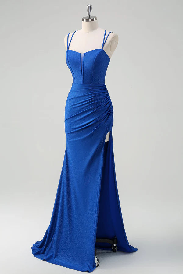 Royal Blue Mermaid Spaghetti Straps Corset Long Prom Dress With Slit simple gentle atmospheric and unique desi