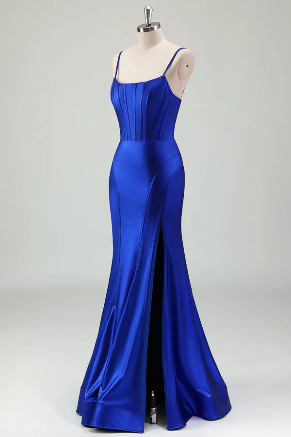 Royal Blue Mermaid Spaghetti Straps Corset Satin Long Prom Dress with Slit simple gentle atmospheric and unique desi