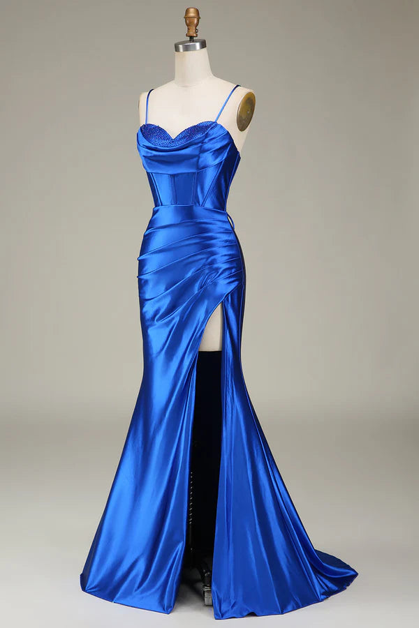 Royal Blue Mermaid Spaghetti Straps Long Prom Dress With Slit Split Front Split Front spheric and unique desigentle atmospheric and unique desi