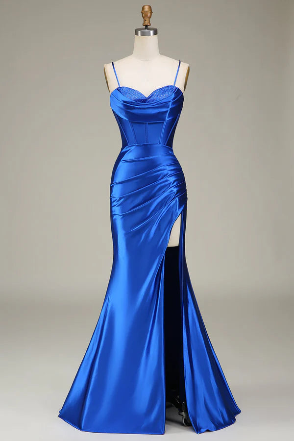 Royal Blue Mermaid Spaghetti Straps Long Prom Dress With Slit Split Front Split Front spheric and unique desigentle atmospheric and unique desi
