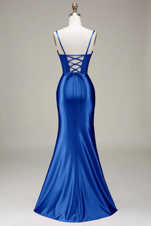 Royal Blue Mermaid Spaghetti Straps Long Prom Dress With Slit Split Front Split Front spheric and unique desigentle atmospheric and unique desi