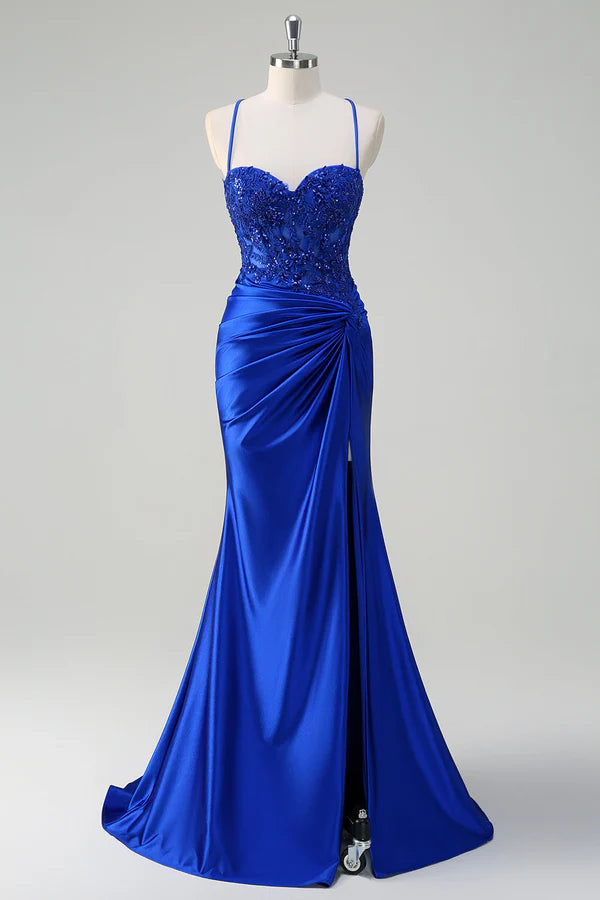 Royal Blue Mermaid Spaghetti Straps Pleated Appliqued Prom Dress simple gentle atmospheric and unique desi