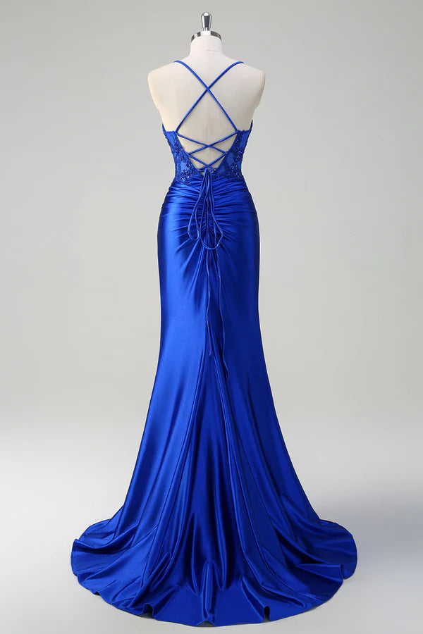 Royal Blue Mermaid Spaghetti Straps Pleated Appliqued Prom Dress simple gentle atmospheric and unique desi