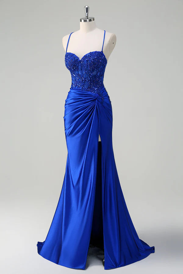 Royal Blue Mermaid Spaghetti Straps Pleated Appliqued Prom Dress simple gentle atmospheric and unique desi