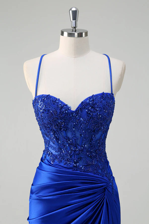 Royal Blue Mermaid Spaghetti Straps Pleated Appliqued Prom Dress simple gentle atmospheric and unique desi