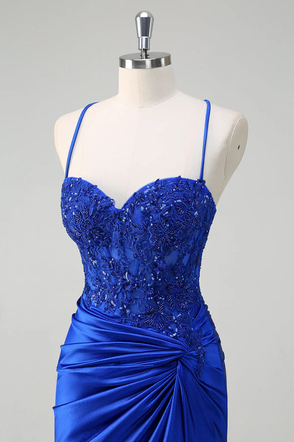 Royal Blue Mermaid Spaghetti Straps Pleated Appliqued Prom Dress simple gentle atmospheric and unique desi