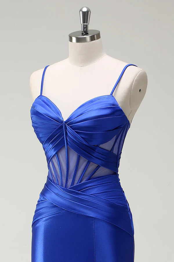 Royal Blue Mermaid Spaghetti Straps Satin Corset Long Prom Dress with Slit simple gentle atmospheric and unique desi Bring summer colors to enhance whiteness