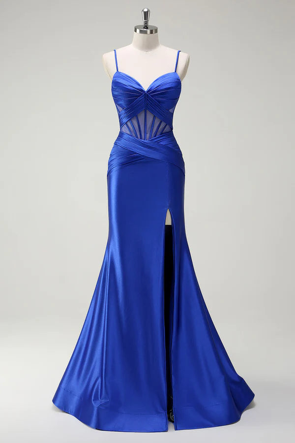Royal Blue Mermaid Spaghetti Straps Satin Corset Long Prom Dress with Slit simple gentle atmospheric and unique desi Bring summer colors to enhance whiteness