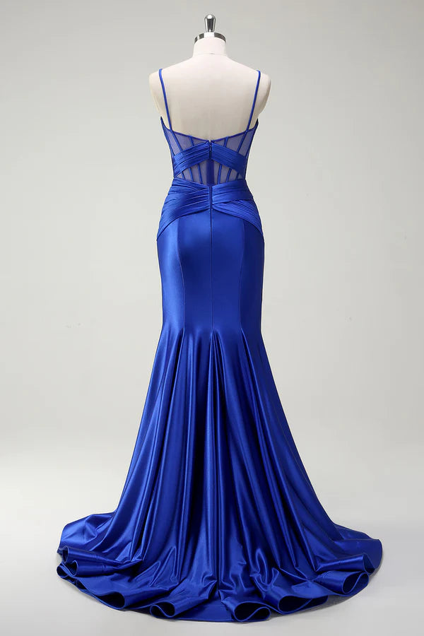 Royal Blue Mermaid Spaghetti Straps Satin Corset Long Prom Dress with Slit simple gentle atmospheric and unique desi Bring summer colors to enhance whiteness