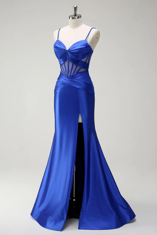 Royal Blue Mermaid Spaghetti Straps Satin Corset Long Prom Dress with Slit simple gentle atmospheric and unique desi Bring summer colors to enhance whiteness