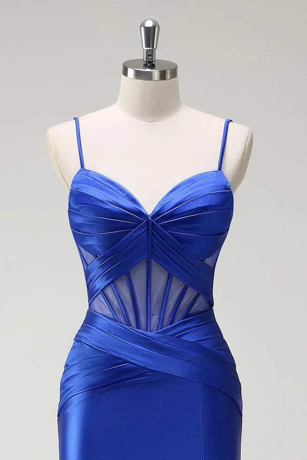 Royal Blue Mermaid Spaghetti Straps Satin Corset Long Prom Dress with Slit simple gentle atmospheric and unique desi Bring summer colors to enhance whiteness