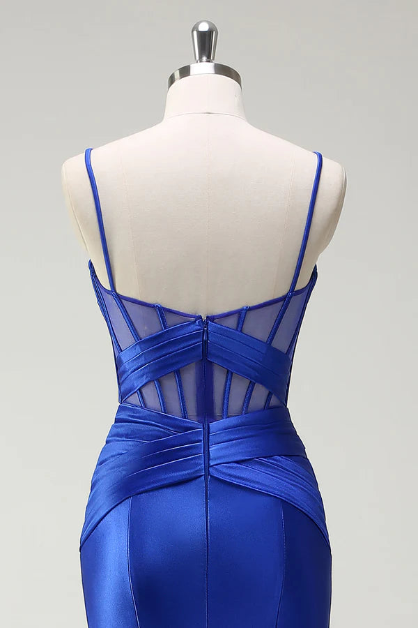 Royal Blue Mermaid Spaghetti Straps Satin Corset Long Prom Dress with Slit simple gentle atmospheric and unique desi Bring summer colors to enhance whiteness