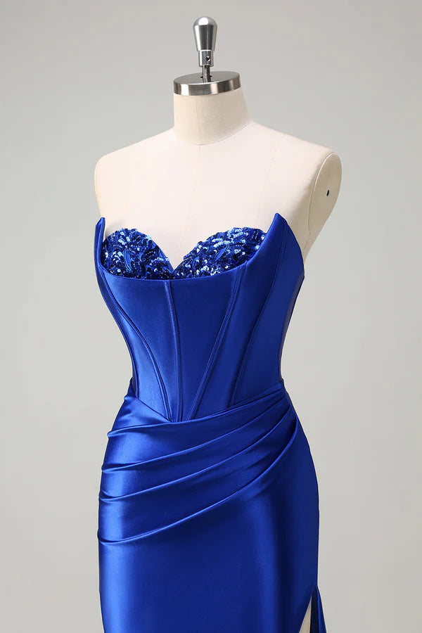 Royal Blue Mermaid Strapless Corset Sequin Ruched Long Prom Dress with Slit simple gentle atmospheric and unique desi